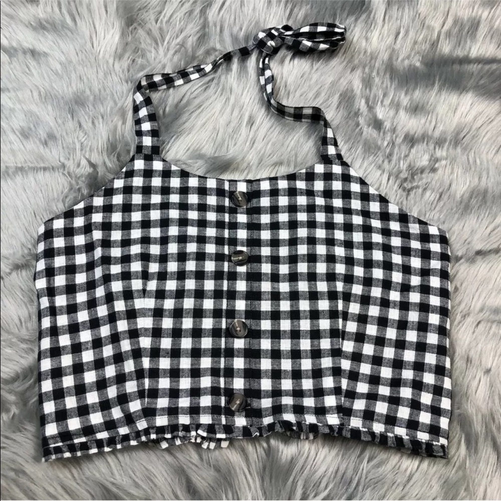 DIP Black White Checkered Halter Pinup Crop Top Large